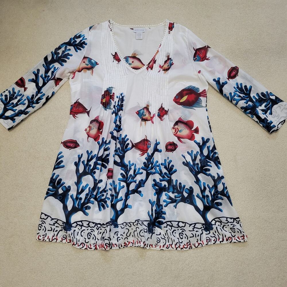 EUC Soft Surroundings L Seychelles Fish Coral Beach Cover Up Dress Tunic Beads